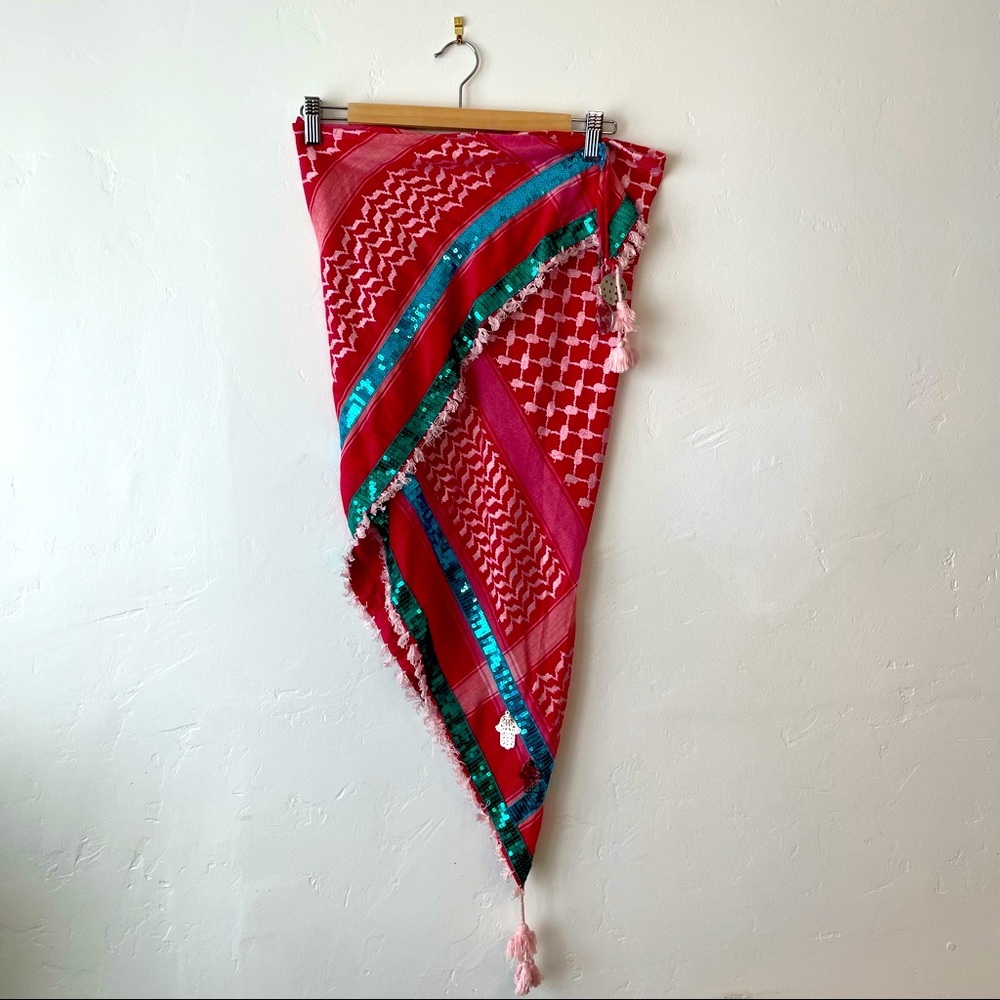 Ghada Zada Red White Scarf Sequins Tassels Charms
